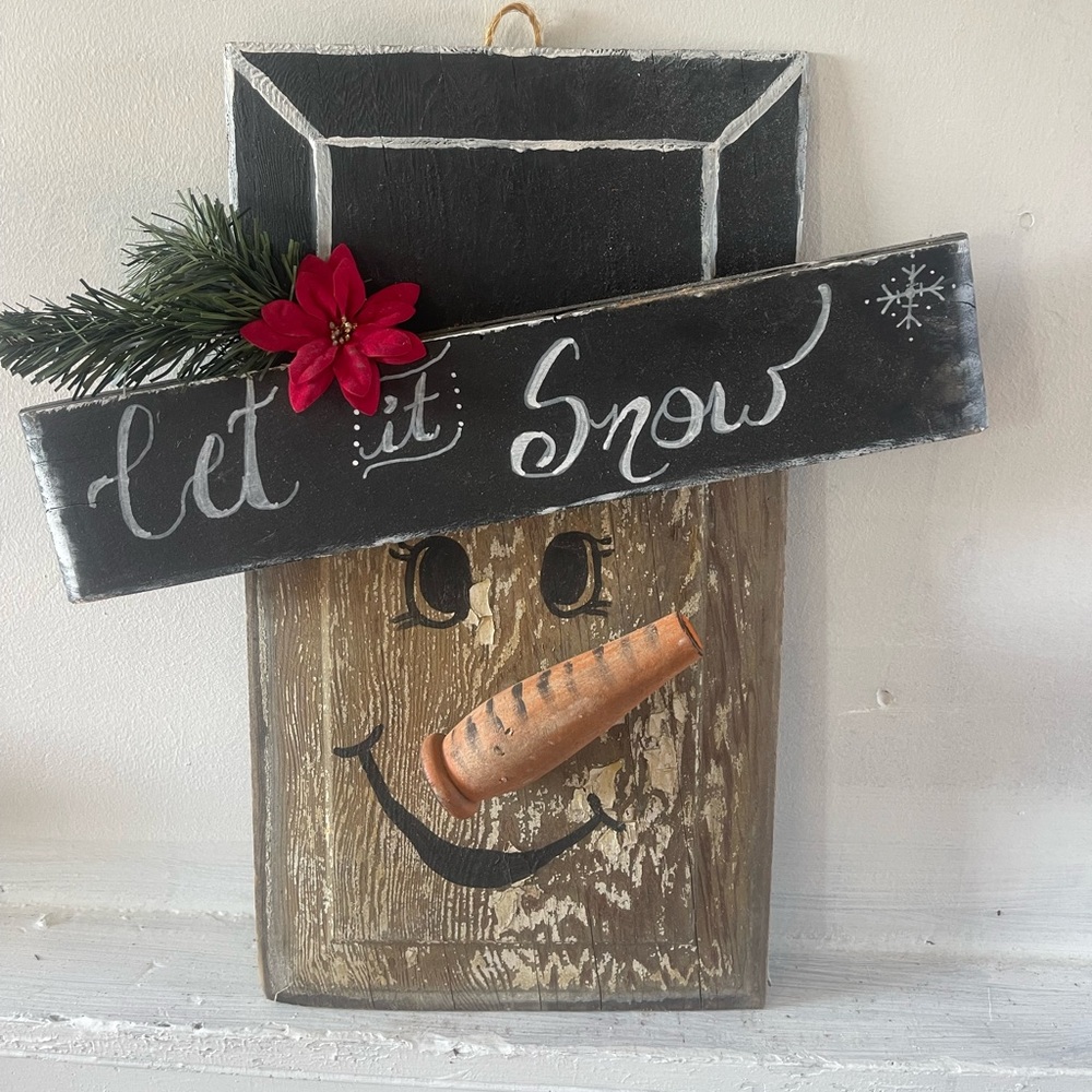 Primitive hand painted snowman door hanger